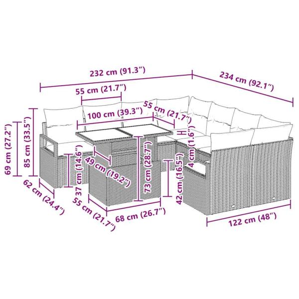 9-teiliges Garten Sofa Set mit Kissen Grau Poly Rattan, 2-Sitzer Garten Sofa mit Kissen Grau Poly Rattan