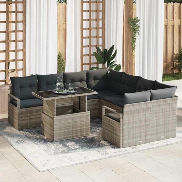 ARDEBO.de - 9-Teiliges Garten Sofa Set mit Kissen Hellgrau Poly Rattan, 2-Sitzer Garten Sofa mit Kissen Grau Poly Rattan