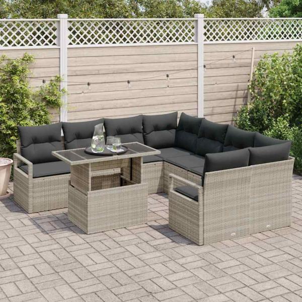9-Teiliges Garten Sofa Set mit Kissen Hellgrau Poly Rattan, 2-Sitzer Garten Sofa mit Kissen Grau Poly Rattan