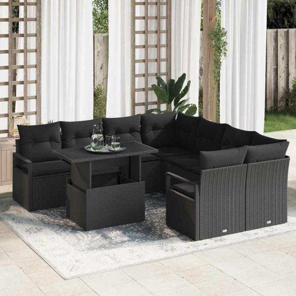 ARDEBO.de - 9-teiliges Garten Sofa Set mit Kissen Schwarz Poly-Rattan, 2-Sitzer Garten Sofa mit Kissen Schwarz Poly-Rattan