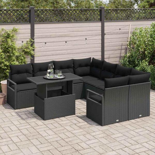 9-teiliges Garten Sofa Set mit Kissen Schwarz Poly-Rattan, 2-Sitzer Garten Sofa mit Kissen Schwarz Poly-Rattan
