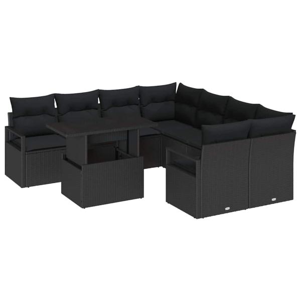 9-teiliges Garten Sofa Set mit Kissen Schwarz Poly-Rattan, 2-Sitzer Garten Sofa mit Kissen Schwarz Poly-Rattan