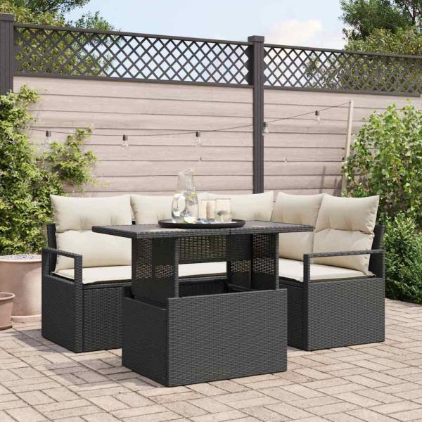 ARDEBO.de - 5tlg Garten Sofa Set mit Kissen Schwarz Poly Rattan, 2-Sitzer Garten Sofa mit Kissen Schwarz Poly Rattan