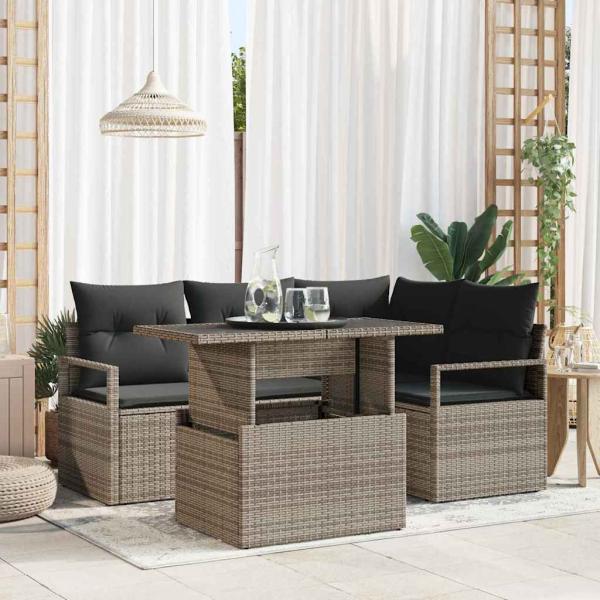ARDEBO.de - 5-teiliges graues Garten Sofa Set mit Kissen Poly Rattan, 2-Sitzer graues Garten Sofa mit Kissen Poly Rattan
