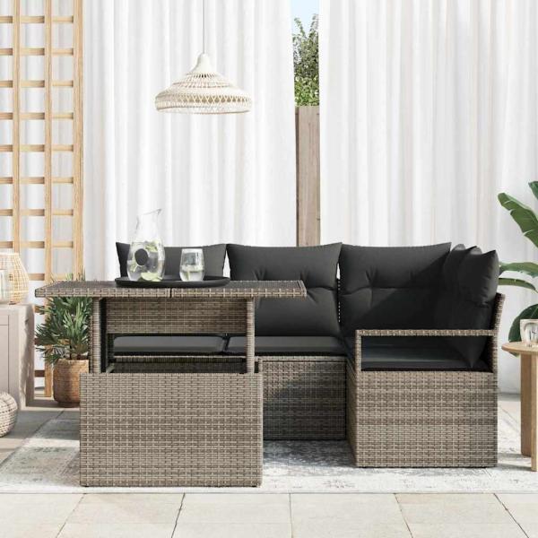 5-teiliges graues Garten Sofa Set mit Kissen Poly Rattan, 2-Sitzer graues Garten Sofa mit Kissen Poly Rattan