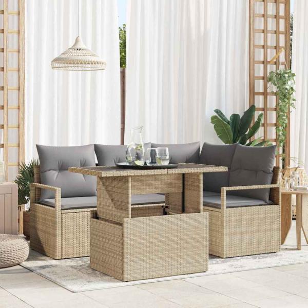 ARDEBO.de - 5-teiliges Garten-Sofa-Set mit Kissen Beige Poly-Rattan, 2-Sitzer Garten-Sofa mit Kissen Beige Poly-Rattan