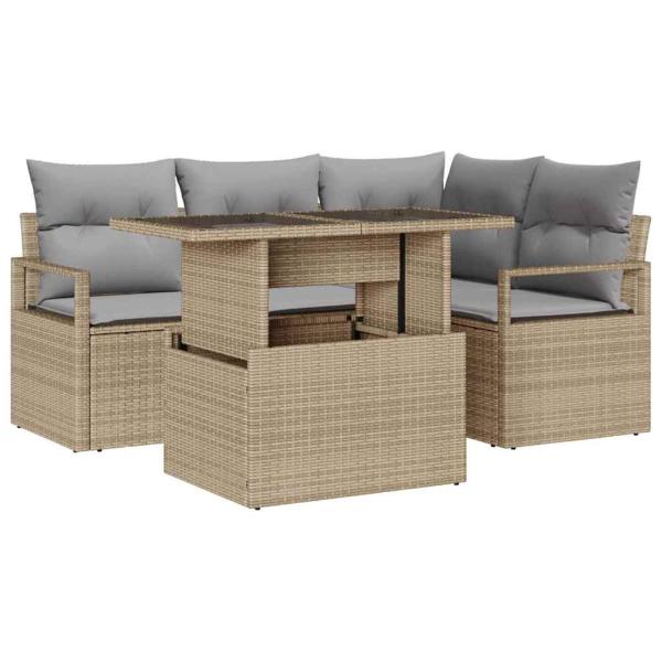5-teiliges Garten-Sofa-Set mit Kissen Beige Poly-Rattan, 2-Sitzer Garten-Sofa mit Kissen Beige Poly-Rattan