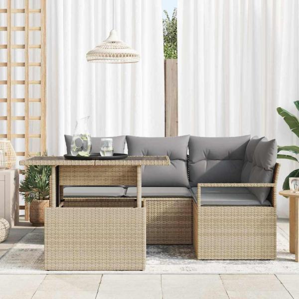 5-teiliges Garten-Sofa-Set mit Kissen Beige Poly-Rattan, 2-Sitzer Garten-Sofa mit Kissen Beige Poly-Rattan