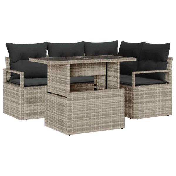 5-teiliges Garten Sofa Set mit Kissen Hellgraues Poly Rattan, 2-Sitzer Garten Sofa mit Kissen Graues Poly Rattan