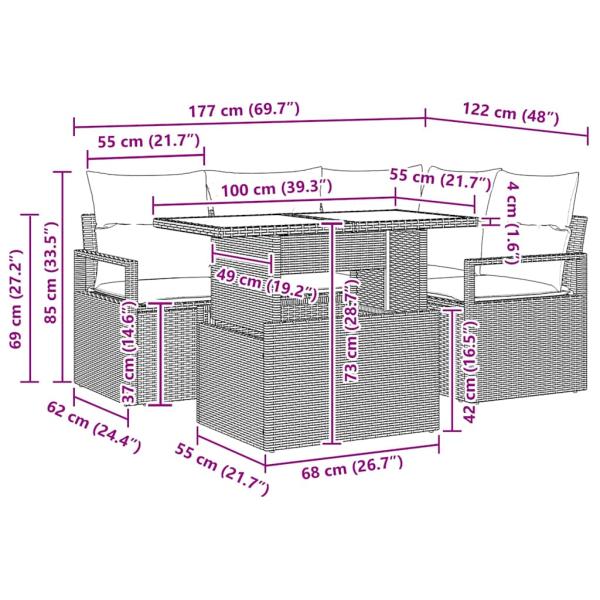 5-teiliges Garten Sofa Set mit Kissen Hellgraues Poly Rattan, 2-Sitzer Garten Sofa mit Kissen Graues Poly Rattan