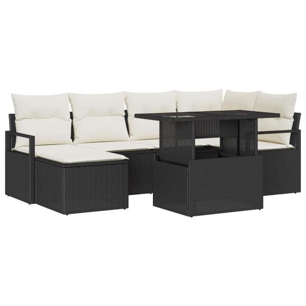 7-teiliges Garten Sofa Set mit Kissen Schwarz Poly Rattan, 2-Sitzer Garten Sofa mit Kissen Schwarz Poly Rattan