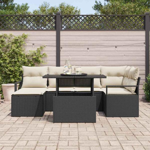 7-teiliges Garten Sofa Set mit Kissen Schwarz Poly Rattan, 2-Sitzer Garten Sofa mit Kissen Schwarz Poly Rattan