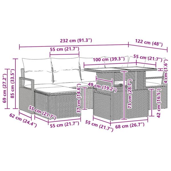 7-teiliges Garten Sofa Set mit Kissen Schwarz Poly Rattan, 2-Sitzer Garten Sofa mit Kissen Schwarz Poly Rattan