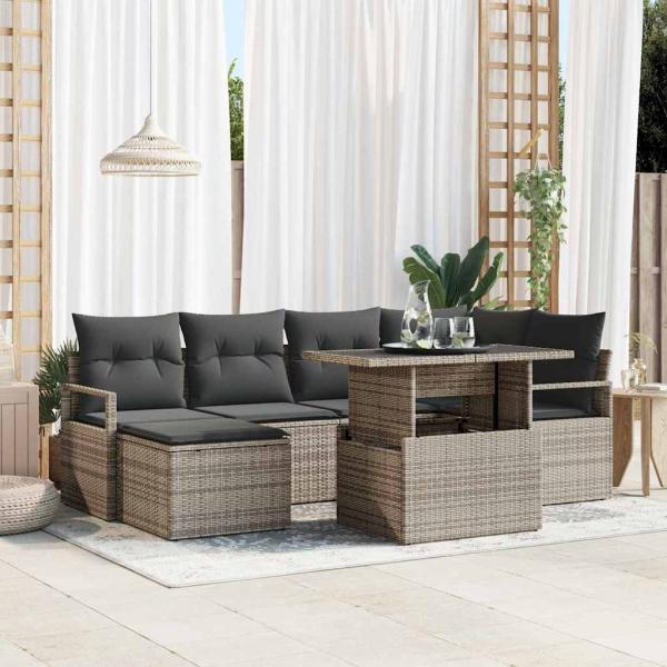ARDEBO.de - 7-teiliges Garten Sofa Set mit Kissen Grau Poly Rattan, 2-Sitzer Garten Sofa mit Kissen Grau Poly Rattan