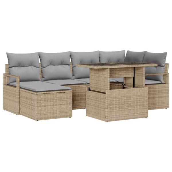 7-teiliges Garten Sofaset mit Kissen Beige Poly Rattan, 2-Sitzer Garten Sofa mit Kissen Beige Poly Rattan