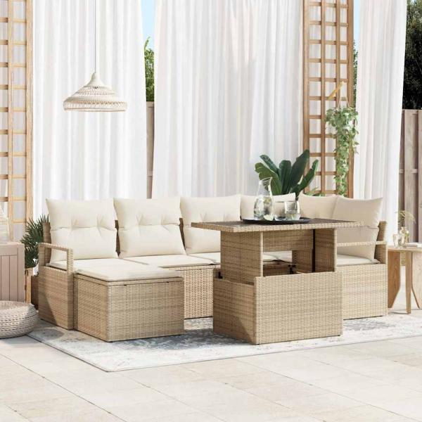 ARDEBO.de - 7-teiliges Garten Sofa Set mit Kissen Beige Poly Rattan, 2-Sitzer Garten Sofa mit Kissen Beige Poly Rattan