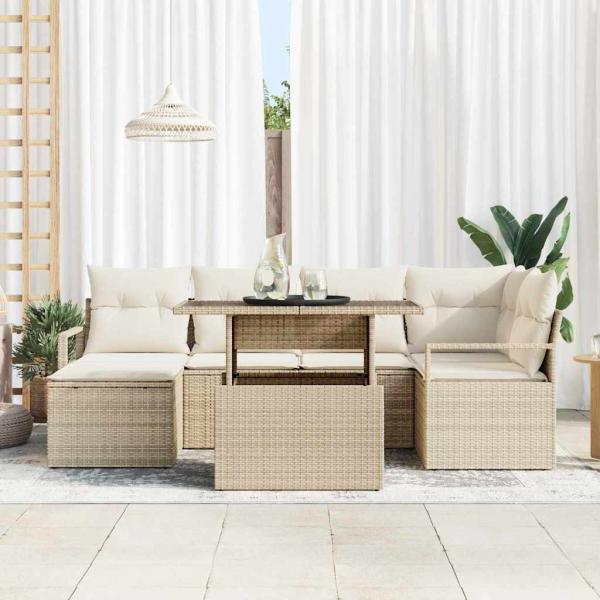 7-teiliges Garten Sofa Set mit Kissen Beige Poly Rattan, 2-Sitzer Garten Sofa mit Kissen Beige Poly Rattan