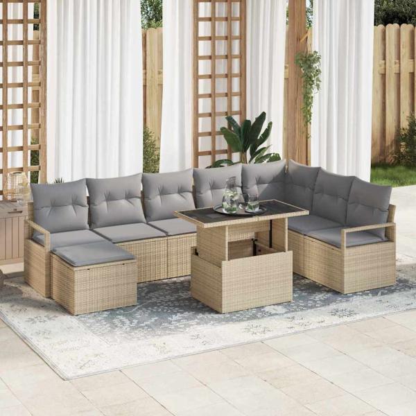 ARDEBO.de - 9-teiliges Garten Sofaset mit Kissen Beiges Poly Rattan, 2-Sitzer Garten Sofa mit Kissen Beiges Poly Rattan