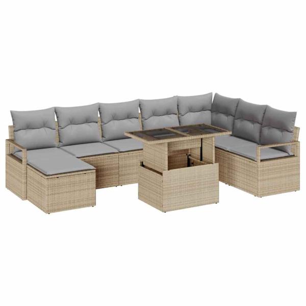 9-teiliges Garten Sofaset mit Kissen Beiges Poly Rattan, 2-Sitzer Garten Sofa mit Kissen Beiges Poly Rattan