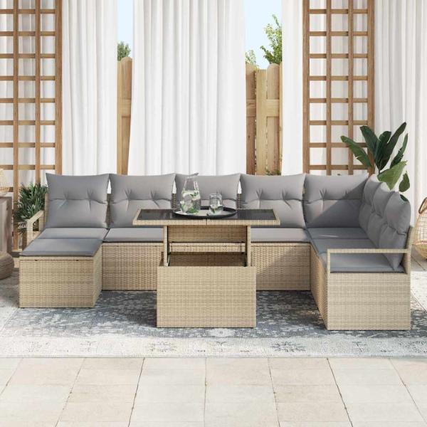 9-teiliges Garten Sofaset mit Kissen Beiges Poly Rattan, 2-Sitzer Garten Sofa mit Kissen Beiges Poly Rattan
