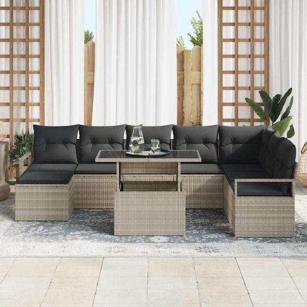 9-teiliges Garten-Sofa-Set mit Kissen Hellgrau Poly Rattan, 2-Sitzer Garten-Sofa mit Kissen Grau Poly Rattan