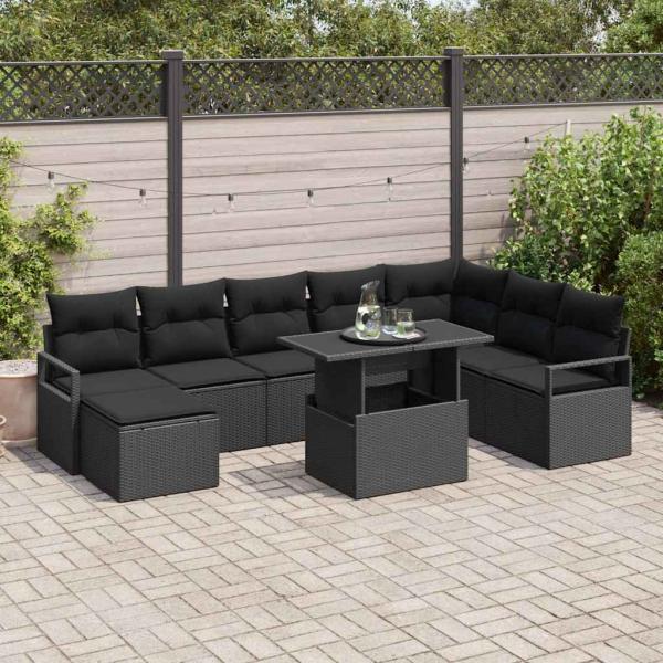 ARDEBO.de - 9-teiliges Garten Sofaset mit Kissen Schwarz Poly Rattan, 2-Sitzer Garten Sofa mit Kissen Schwarz Poly Rattan