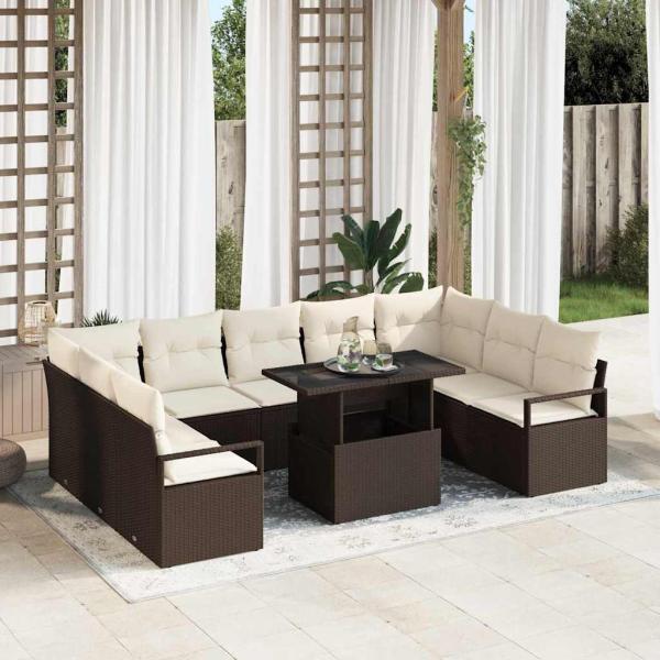 ARDEBO.de - 10-teiliges Garten Sofa Set mit Kissen, braunes Poly Rattan, 2-Sitzer Garten Sofa mit Kissen, braunes Poly Rattan