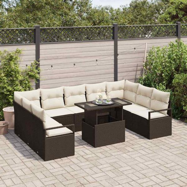 10-teiliges Garten Sofa Set mit Kissen, braunes Poly Rattan, 2-Sitzer Garten Sofa mit Kissen, braunes Poly Rattan