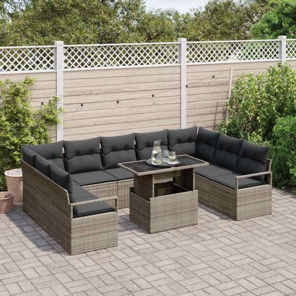 10-teiliges Garten Sofa Set mit Kissen Grau Poly Rattan, 2-Sitzer Garten Sofa mit Kissen Grau Poly Rattan