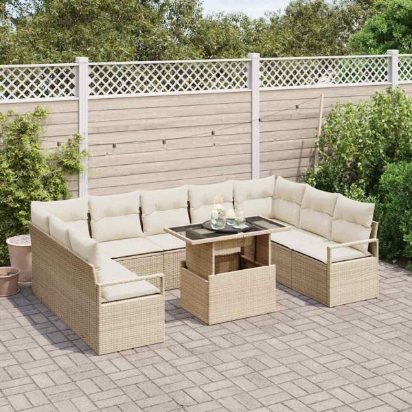 10-teiliges Garten-Sofa-Set mit Kissen Beige Poly-Rattan, 2-Sitzer Garten-Sofa mit Kissen Beige Poly-Rattan