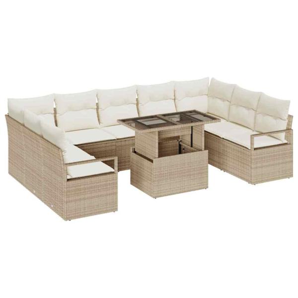 10-teiliges Garten-Sofa-Set mit Kissen Beige Poly-Rattan, 2-Sitzer Garten-Sofa mit Kissen Beige Poly-Rattan