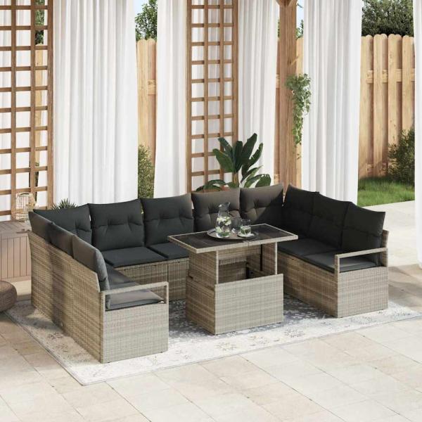 ARDEBO.de - 10-teiliges Garten-Sofa-Set mit Kissen Hellgrau Poly Rattan, 2-Sitzer Garten-Sofa mit Kissen Grau Poly Rattan