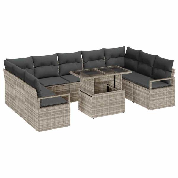 10-teiliges Garten-Sofa-Set mit Kissen Hellgrau Poly Rattan, 2-Sitzer Garten-Sofa mit Kissen Grau Poly Rattan