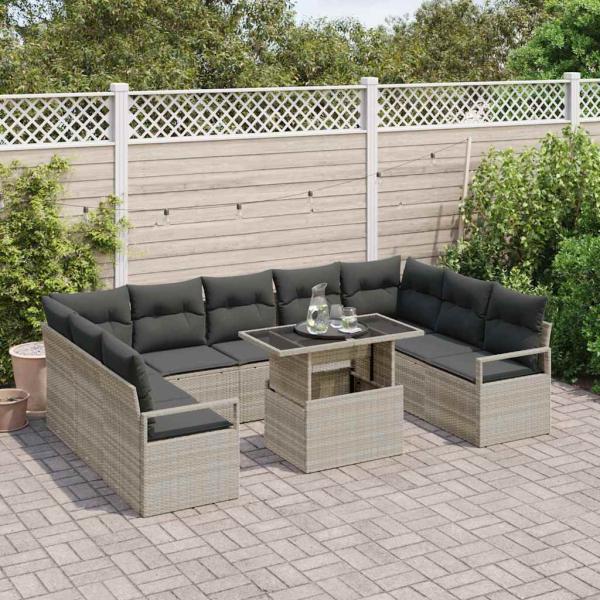 10-teiliges Garten-Sofa-Set mit Kissen Hellgrau Poly Rattan, 2-Sitzer Garten-Sofa mit Kissen Grau Poly Rattan