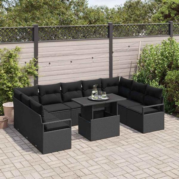 10-teiliges Garten-Sofa-Set mit Kissen Schwarz Poly-Rattan, 2-Sitzer Garten-Sofa mit Kissen Schwarz Poly-Rattan