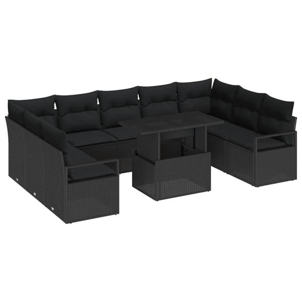 10-teiliges Garten-Sofa-Set mit Kissen Schwarz Poly-Rattan, 2-Sitzer Garten-Sofa mit Kissen Schwarz Poly-Rattan