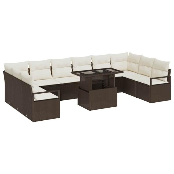 11-teiliges Garten Sofa Set mit Kissen Braun Poly Rattan, 2-Sitzer Garten Sofa mit Kissen Braun Poly Rattan