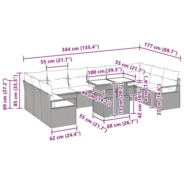 11-teiliges Garten-Sofa-Set mit Kissen Beige Poly-Rattan, 2-Sitzer Garten-Sofa mit Kissen Beige Poly-Rattan
