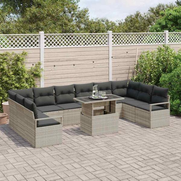 ARDEBO.de - 11-teiliges Garten Sofa Set mit Kissen Hellgrau Poly Rattan, 2-Sitzer Garten Sofa mit Kissen Grau Poly Rattan