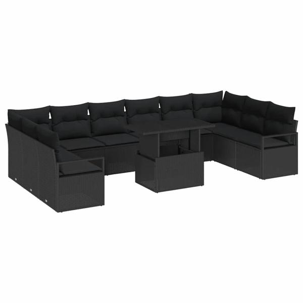 11-teiliges Garten Sofa Set mit Kissen Schwarzes Poly Rattan, 2-Sitzer Garten Sofa mit Kissen Schwarzes Poly Rattan