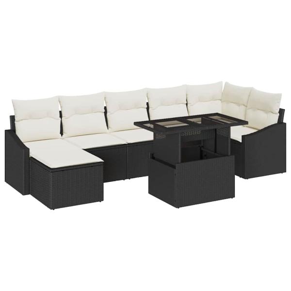 8-teiliges Garten-Sofa-Set mit Kissen in Schwarz Poly Rattan