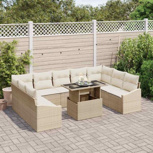 10-teiliges Garten Sofa Set mit Kissen Beige Poly Rattan