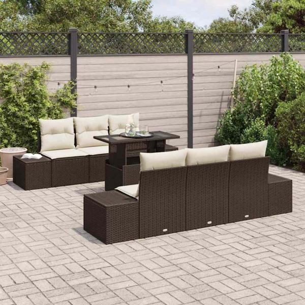7-teiliges Garten-Sofa-Set mit Kissen Braun Poly-Rattan
