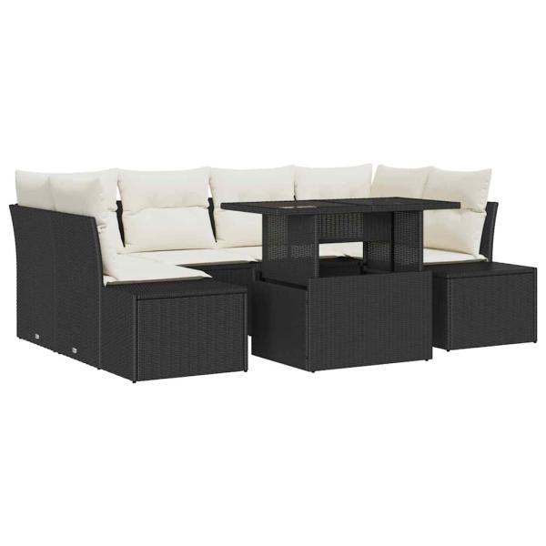 7-teiliges Garten Sofa Set mit Kissen Schwarz Poly-Rattan