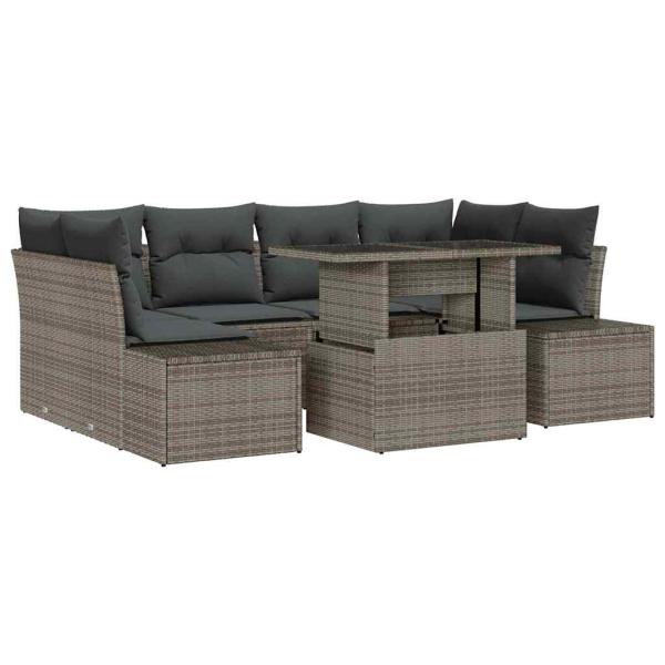 7-teiliges Garten Sofa Set mit Kissen Grau Poly Rattan