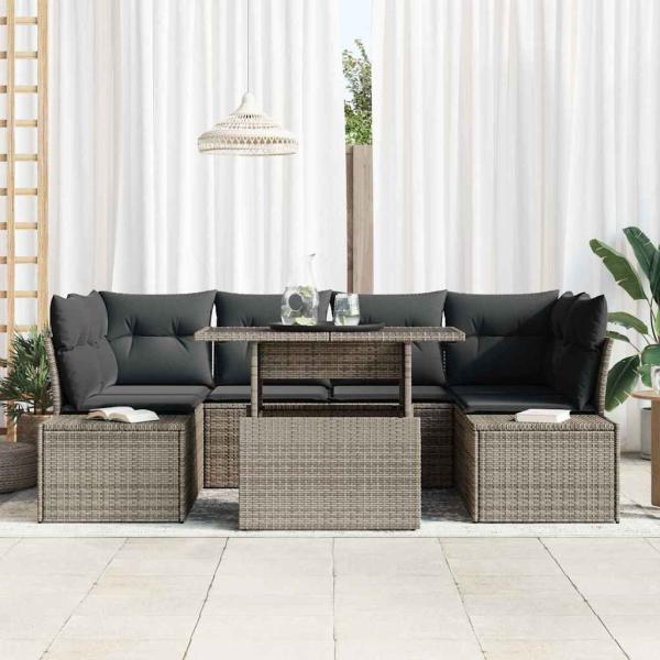 7-teiliges Garten Sofa Set mit Kissen Grau Poly Rattan