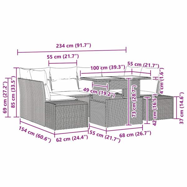 7-teiliges Garten Sofa Set mit Kissen Grau Poly Rattan