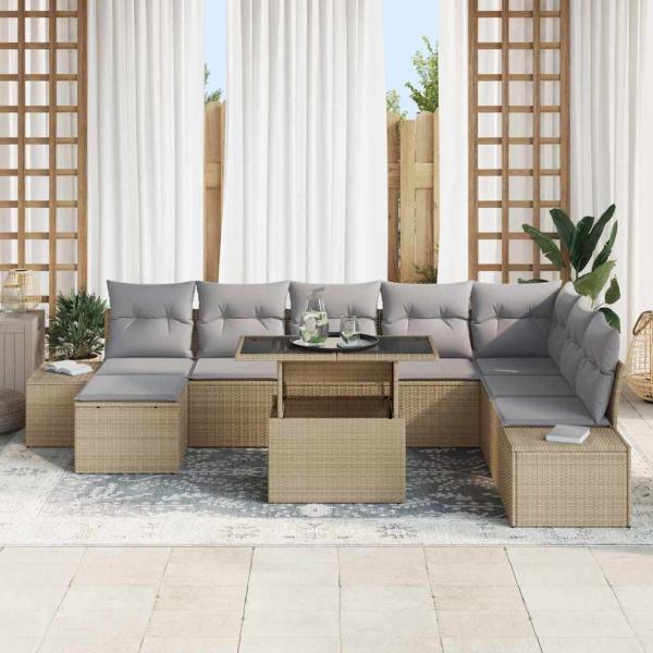 9-teiliges Garten-Sofa-Set mit Kissen Beige Poly-Rattan