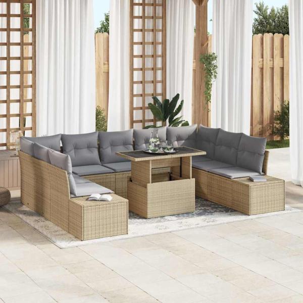 ARDEBO.de - Garten-Sofa-Set mit 10 Teilen und Kissen Beige aus Poly Rattan