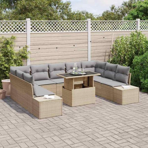 Garten-Sofa-Set mit 10 Teilen und Kissen Beige aus Poly Rattan